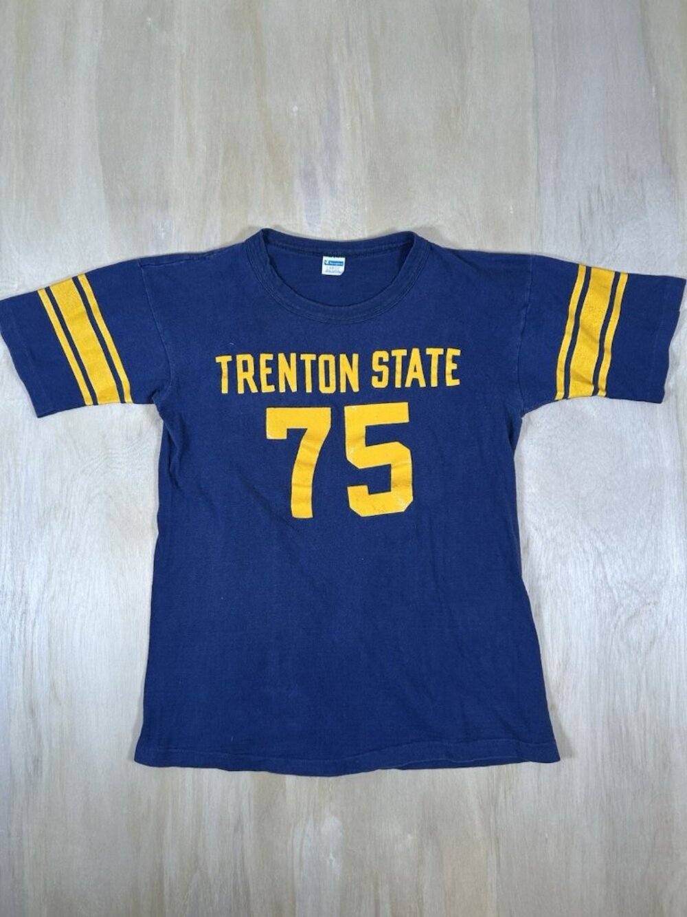 Vintage 70s Champion Trenton State 3/4 Sleeve Jersey Shirt Size Large Blue